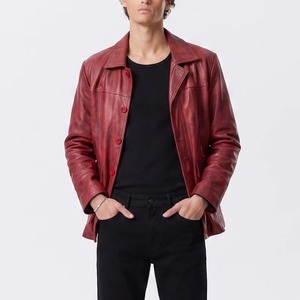 Chaqueta de Cuero Roja para Hombre, Estilo Retro Vintage con Botones, Prenda Exterior Clásica Estilo Película de Culto, Ropa Urbana para Motociclistas - Product Image 1