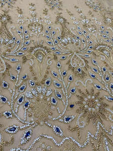 Tela de Encaje con Cuentas Doradas y Azul Rey, Bordada a Mano con Cristales y Lentejuelas, Tul para Vestido de Novia, Alta Costura - Product Image 2