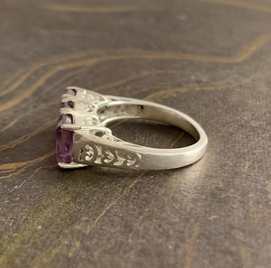 Handmade Three-Amethyst <b>Emerald</b> Gemstone Cut <b>Ring</b> 925 Sterling <b>Silver</b> Prong Setting Unique Jewelry - Product Image 2