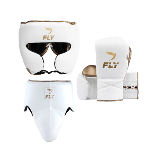 Nuevo Set Profesional de Guantes de Boxeo Fly de Cuero Genuino con Protector de Cabeza e Ingle, Transpirable y Duradero, Blanco y Dorado - Product Image 1