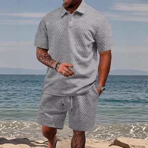 New Streetwear 240gsm Men Polo Shirt <b>Set</b> Jacquard Fabric Short Sleeve Checkered Design Summer Thin Casual Two Piece <b>Set</b> - Product Image 2