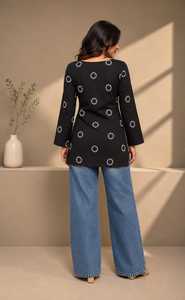 Kurta d'été noir imprimé en rayonne, coupe droite simple, col en V, manches longues, style décontracté, pour femme, style Inde Pakistan - Product Image 3