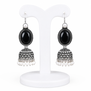 Pendientes Jhumka de Plata Oxidada con Perlas de Ónix Negro al por Mayor, Pendientes Colgantes Bohemios Étnicos Hechos a Mano para Mujer, Joyería de Moda India - Product Image 4