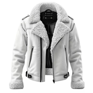 Veste de motard en cuir PU blanc pour homme avec doublure en fausse fourrure, coupe-vent, vêtement d'extérieur d'hiver, coupe régulière, fermeture éclair - Product Image 4