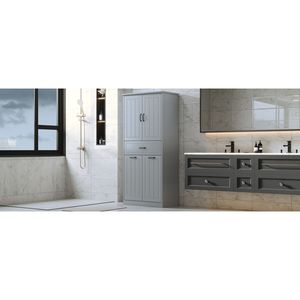 Armoire de rangement de salle de bain grise à deux portes avec tiroir et paniers à linge, meubles pour la maison - Product Image 4