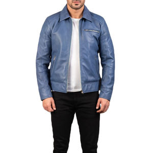 High Quality Men's Blue Genuine <b>Leather</b> Moto <b>Jacket</b> Turn-Down Collar Zipper Closure Regular Fit Autumn Style - Product Image 1