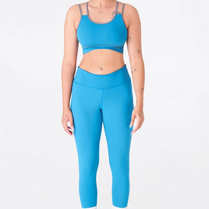 Women's <b>Blue</b> Yoga Set High Waist Leggings <b>Crop</b> <b>Top</b> 2 Piece Activewear Racerback Seamless Full Length Spandex Polyester - Product Image 5
