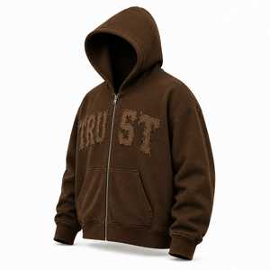 Trust No One Distressed Embroidery Zip-Up Hoodie Oversized Heavyweight Distressed Letter Hoodie Full Zip Hoodie - Product Image 3