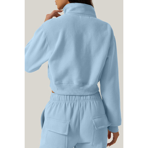 Sudadera de punto azul claro para mujer, cuello alto, manga larga, color liso, estilo crop, con media cremallera, para otoño, precio de fábrica 2026, ODM - Product Image 5