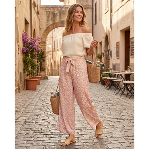 Pantalones de Verano Bohemios con Estampado Floral, Corte Recto, Transpirables, de Cintura Alta, Holgados, hasta el Tobillo, con Cinturón, para Mujer - Product Image 1