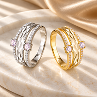 Faceted 925 Sterling Silver Zircon Band Ring with Two Pale Pink Round Stones and Clear Stone Edge Rows