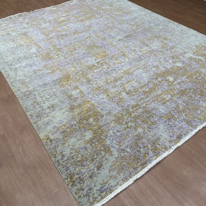 8x10 Ft Hand Knotted Silk Abstract Vintage Area Rug for Luxury Room & Bedroom Ivory Gold & Lavender - Product Image 4
