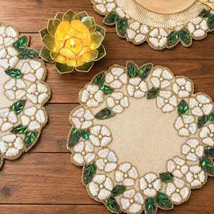 Pastel Floral Embroidered Knitted Round Polyester/Cotton Eco-Friendly Home & Hotel Use <b>Placemat</b> <b>Cream</b> Pink Gold Table Decor - Product Image 3