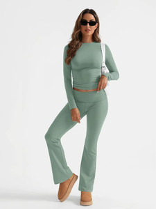 Women's Eco-Friendly Breathable 2-Piece Workout <b>Set</b> Half Sleeve Shirts Fold Over Yoga Pants with Solid Pattern <b>Lounging</b> Outfits - Product Image 1