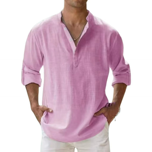 Camiseta de lino casual de manga larga para hombre, cuello alto, color liso, estilo suéter holgado para primavera, camisa de algodón para comercio transfronterizo - Product Image 2