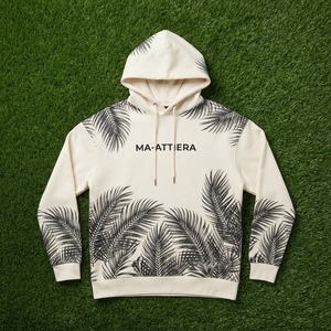 Sudadera con Capucha Color Crema para Hombre con Estampado de Hojas de Palma Negras, Sudadera Personalizada de Estilo Urbano - Product Image 6