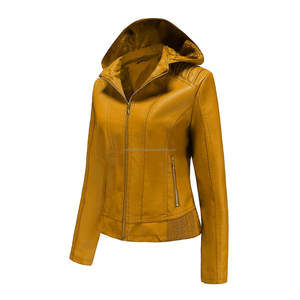 Elegante chaqueta de cuero amarillo mostaza para mujer con forro de Sherpa acogedor bolsillos con cremallera capucha larga y estilo para la comodidad de invierno - Product Image 3