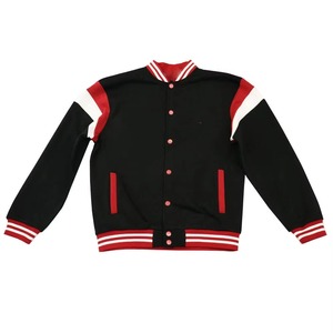 Men's Maroon Varsity Jacket With Black And White Stripes Regular Fit Casual Autumn Wear <b>Button</b> Closure Polyester Material - Product Image 3
