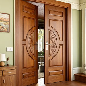 Contemporary Solid Hardwood Front Double Entry Door With Circular Carved Panel Design And Solid Wood <b>Frame</b> - Product Image 1
