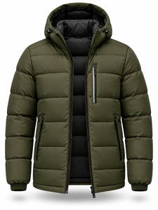 <b>Men's</b> Olive <b>Green</b> Hooded Puffer <b>Jacket</b> <b>Waterproof</b> Quick Dry Winter Windproof Casual Zipper Polyester Wadding Regular Length - Product Image 2