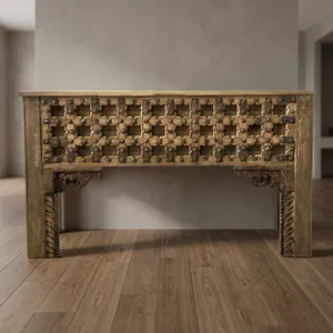 Table console en bois massif de style héritage avec deux tiroirs, finition métallique, table d'appoint pour petit espace, fabriquée à la main pour le salon - Product Image 6