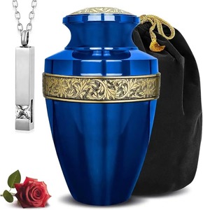 Urne funéraire en métal bleu pour cendres humaines adultes avec bande décorative dorée, grande urne élégante de style européen et sac en velours offert - Product Image 1