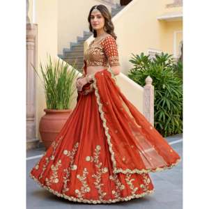 Captivating Orange Thread Embroidered Silk <b>Wedding</b> Lehenga Choli - Product Image 5