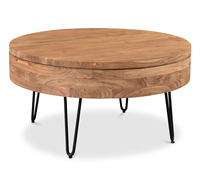 Table basse de rangement au design moderne, essentielle pour le salon, en bois d'acacia massif, plateau rond, pieds coniques en forme d'épingles à cheveux