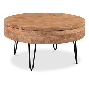 Mesa de centro con almacenamiento, diseño moderno, esencial para la sala de estar, madera maciza de acacia, tapa redonda, patas cónicas tipo horquilla. - Product Image 2