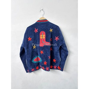 Boho Chic Jacket Unisex Party Wear Jacket Green Velvet Jacket <b>Coat</b> Hand <b>Stitch</b> Cotton Lining Uzbek Embroidery Jacket - Product Image 2