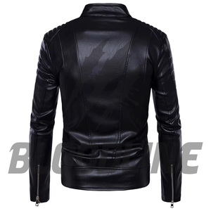 Chaqueta de Motociclista de Cuero PU Negra para Hombre, Corte Ajustado, Cuello Alto, Cierre de Cremallera, para Otoño - Product Image 3