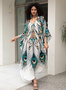 Robe longue maxi abaya à col en V, manches chauve-souris, coupe ample, imprimé paon, pour femme, plage, été, bohème, en polyester - Product Image 2
