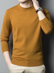 Nouveau pull en molleton tricoté pour homme automne/hiver, col rond, manches longues, couleur unie, broderie frontale, col côtelé pour un style décontracté - Product Image 2