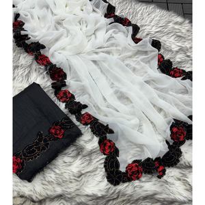 ATTRACTIVE GEORGETTE VELOURS DENTELLE SIROSKI TRAVAIL SUR DENTELLE SAREE AVEC CHEMISIER NON COUDU BLANC - Product Image 1