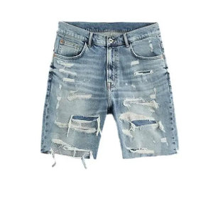 Shorts en jean déchiré slim fit pour homme, taille à cordon, style décontracté en coton, noir - Product Image 4