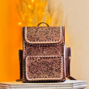 2026 New Arrival 100% Genuine <b>Leather</b> <b>Backpack</b> Brown Color Hand Tooled Florals Carved Bohemian Eco-Friendly Durable <b>Backpack</b> Bag - Product Image 1
