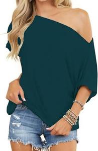 T-shirt de luxe asymétrique à une épaule, coupe ample, en velours écologique à motifs plumes, couleur unie, style moderne, pour femme, idéal pour l'été et les soirées - Product Image 3