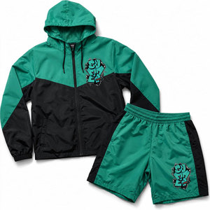 FREEZY APPAREL Ensemble veste à capuche et short pour homme, vert et noir, respirant, tissu tricoté 300g, style streetwear, séchage rapide - Product Image 1