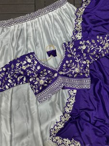 2026 Lehenga Choli en soie violet argenté, Dupatta pré-drapé, avec broderie Zari, pour mariée, style indo-occidental, tenue de mariage et de fête, Sun - Product Image 5