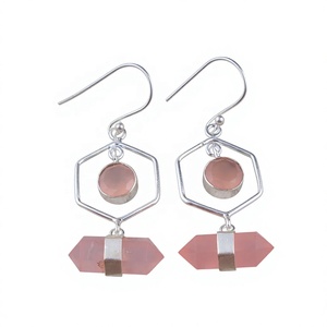 Natural Rose Quartz Geometric Hexagon <b>Dangle</b> <b>Earrings</b> 925 Sterling Silver Handmade Crystal Drop <b>Earrings</b> for Women - Product Image 1