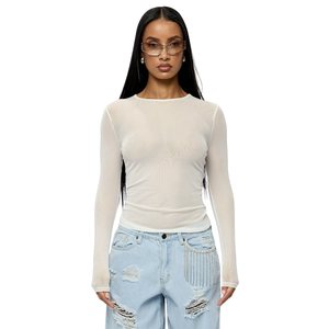 Blusa Transparente de Manga Larga para Mujer, Cuello Redondo, Top de Malla Delgada, Camisa Lisa Transparente para Combinar en Capas con Dobladillo Recto, Tops con Etiqueta Personalizada - Product Image 1