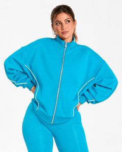Wholesale <b>Women</b> Contrastline Zip <b>Jacket</b> Tracksuit Set Casual Two Piece Outfit Relaxed Fit Wide Leg Pants Matching Clothing - Product Image 4