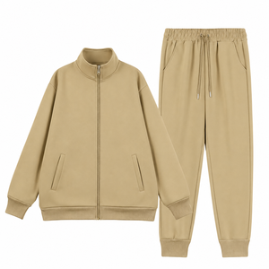 Ensemble de survêtement unisexe à col montant, veste zippée intégrale et pantalon de jogging à cordon de serrage, couleur unie, tenue décontractée 2 pièces - Product Image 1