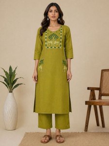 Blue Embroidered Cotton <b>Kurta</b> Set Indian Pakistani Set Long Sleeve <b>Kurta</b> Palazzo Pants <b>Women</b> Casual Wear for all Seasons Fit - Product Image 3