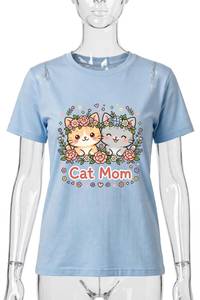 Camiseta de Manga Corta Ligera para Mujer, Cuello Redondo, con Estampado Gráfico de Gato y Flores, Informal, de Verano, Tejida - Product Image 2