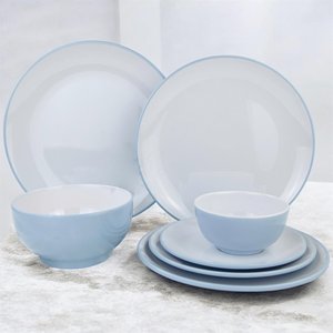 Ensemble de 5 assiettes plates rondes en porcelaine émaillée, design minimaliste, passe au lave-vaisselle, bord bleu, vaisselle pour fête - Product Image 2