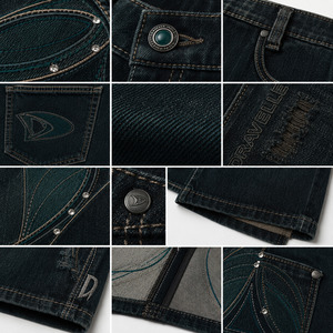Blackened Teal Y2K Denim Jorts – Baggy Streetwear Shorts with Orbit Embroidery & Rhinestone Details - Product Image 6