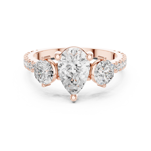 Bague de fiançailles en or rose avec trois diamants taille poire pour femme, bague pavée pour mariage, promesse ou anniversaire - Product Image 2