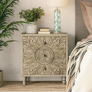 Luxury Handcrafted Solid Wood 3 Drawer Nightstand Ornate Sunburst Floral Carving Antique White Finish - Product Image 1