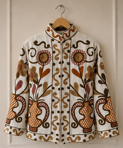 Elegante y transpirable bomber Suzani de terciopelo de algodón puro, con estampado floral de hojas de Jaipur, estilo boho artesanal, para exportación B2B, moda hecha a mano. - Product Image 1